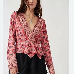 Free People -Falling For You Pink/Red Floral & Mosaic Wrap Style Blouse-Size L